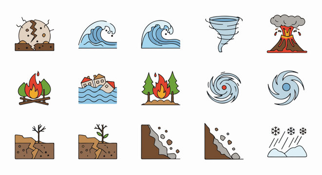Diverse natural disaster icons earthquake, tsunami, fire, flood, volcano, tornado, hurricane, landslide, snow