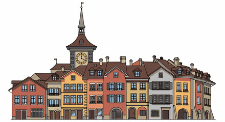 Obraz premium Colorful row of European buildings with a clock tower