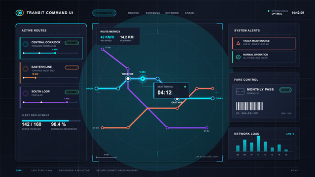 Dark transit command dashboard interface with active route cards, central network map, fare pass panel, alerts, and system load bar chart