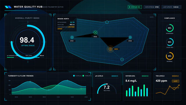 Dark futuristic water quality monitoring dashboard with purity gauge, basin telemetry map, compliance rings, and turbidity flow chart panels