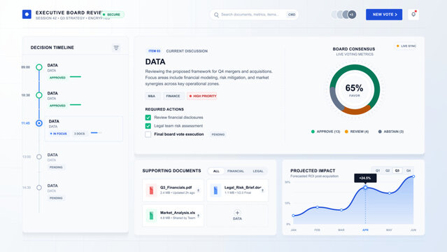 Light executive board review dashboard interface with decision timeline, voting consensus chart, current discussion, documents, and impact graph