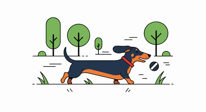 Dachshund dog with ball running in a park with trees and grass
