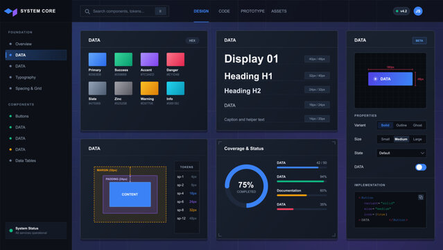 Dark themed design system dashboard interface with color tokens, typography scale, spacing diagram, status chart and component settings panels