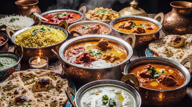Authentic Indian Cuisine Feast with Assorted Curries and Naan Bread Served in Traditional Copper Bowls for Restaurant Marketing.