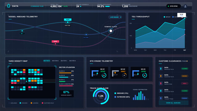 Futuristic port logistics command dashboard with telemetry map, cargo yard density grid, crane status cards, gauges, and throughput chart.