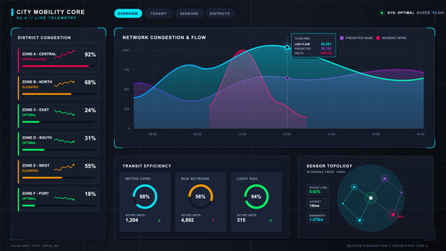 Futuristic dark city mobility telemetry dashboard with congestion flow chart, district load panels, transit efficiency cards, and sensor topology map