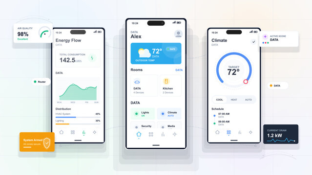 Clean smart home mobile app interface showing energy flow, climate control, air quality, security status, and connected room device panels