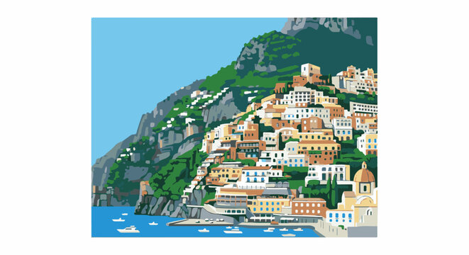Colorful houses cascade down a verdant mountain slope to a blue bay with boats