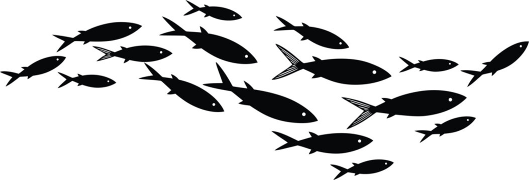 Black silhouette school of fish swimming in a wavy group vector illustration