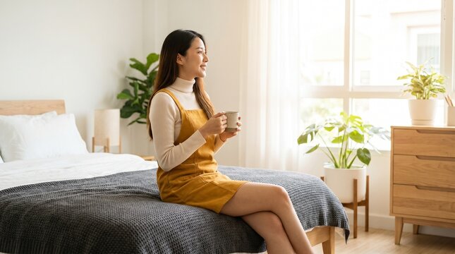 Asian Woman in Mustard Pinafore Sitting on Bed Edge in Modern Bedroom, Cozy Lifestyle Portrait, Bright Vibrant Stock Photography
