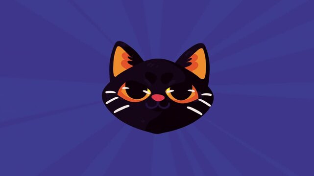 Animated black cat head rotates and blinks on purple sunburst background, Halloween concept.