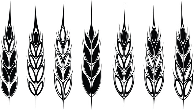 Set of stylized black wheat ears vector icons isolated on white background