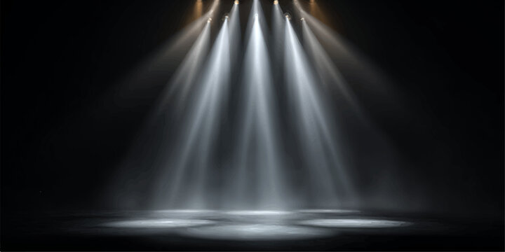 Intense spotlights create dramatic and compelling effects with their strong illumination, casting shadows in a dark backdrop. The dynamic interplay of light and shadow.