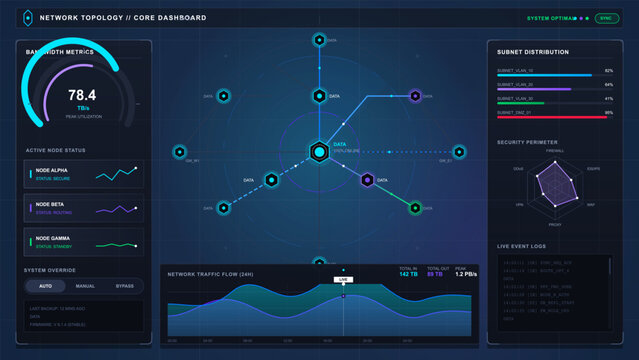 Futuristic network topology dashboard with neon node map, bandwidth gauges, traffic chart, subnet bars, and cybersecurity panels on dark grid