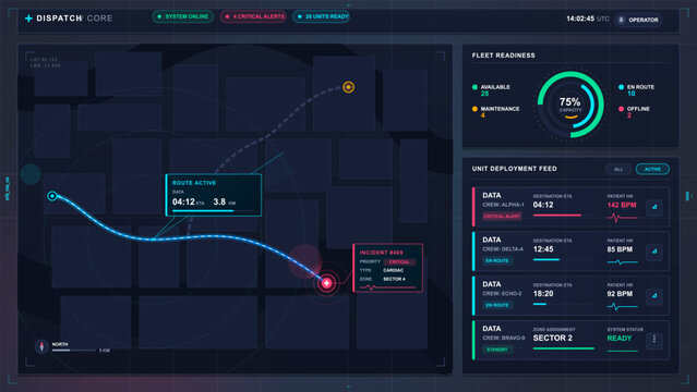 Dark emergency dispatch dashboard interface with active route map, cardiac incident alert, fleet readiness gauge and unit deployment feed panels