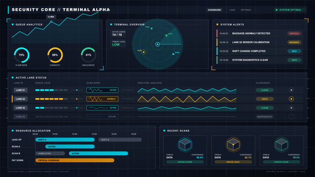 Dark security terminal dashboard interface with queue analytics, radar overview, system alerts, lane status, resource allocation and scan cards