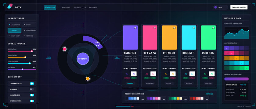 Dark palette generator dashboard interface with harmony controls, circular wheel, vivid swatch cards, contrast matrix and export settings