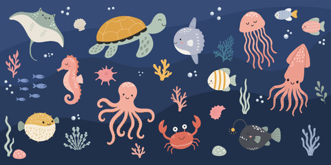 Deep blue sea background with turtle octopus sunfish and colorful coral reef elements © Jennie