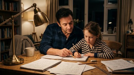 Naklejka premium father helping his child with homework late at night