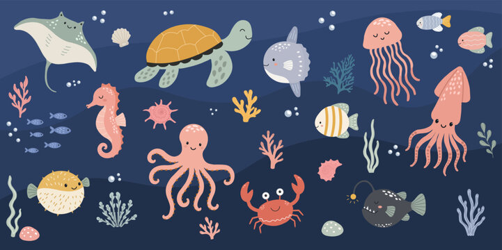 Deep blue sea background with turtle octopus sunfish and colorful coral reef elements