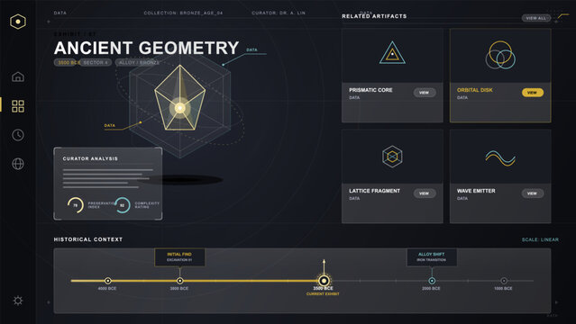 Dark museum archive interface for ancient geometry exhibit with prismatic artifact diagram, curator analysis, related artifact cards and timeline