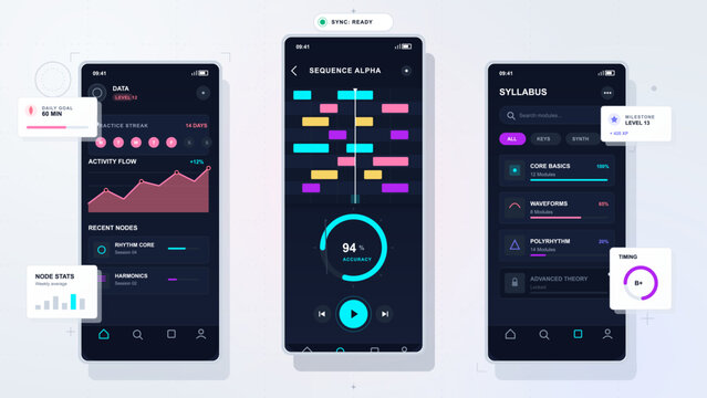 Flat vector mobile app interface mockup with three smartphone screens showing analytics charts, music sequencer controls, and lesson cards.