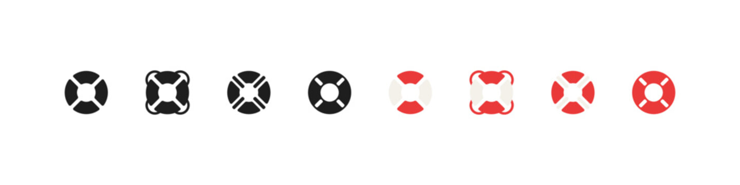 Safety lifebuoy vector filled and colored icon set. Marine rescue, emergency, and protection design collection.