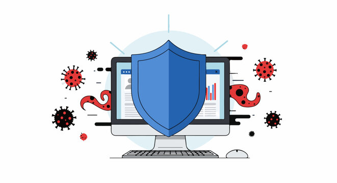 Digital security shield protects computer screen from virus threats