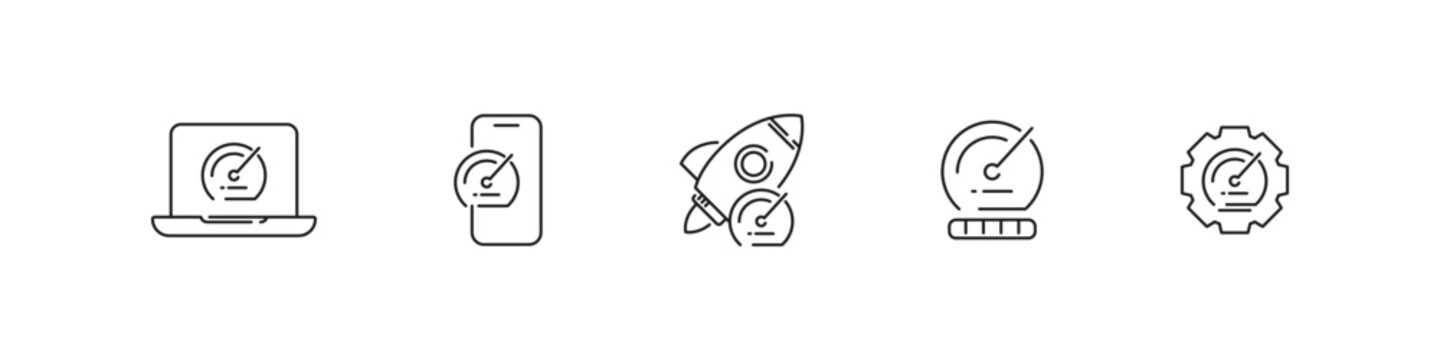 Working speed with gauge icon on devices vector outline icon set. Performance, efficiency, and progress design collection.