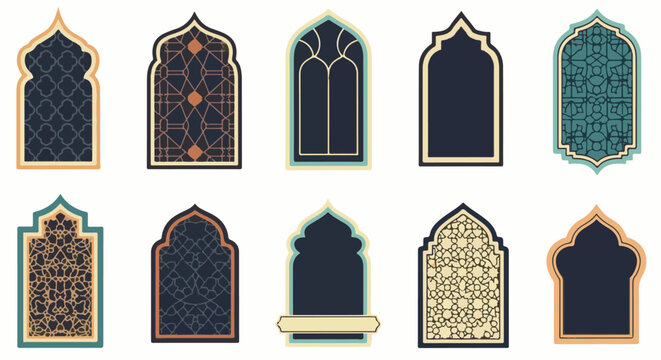 Collection of decorative Islamic-style arched window frames with diverse geometric patterns