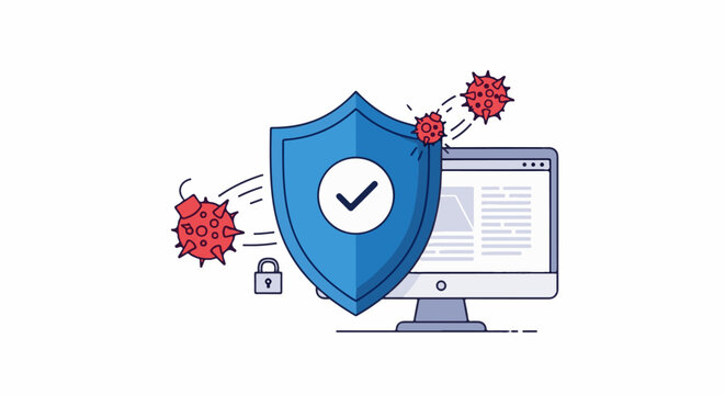 Digital shield protects computer from virus threats, lock secured