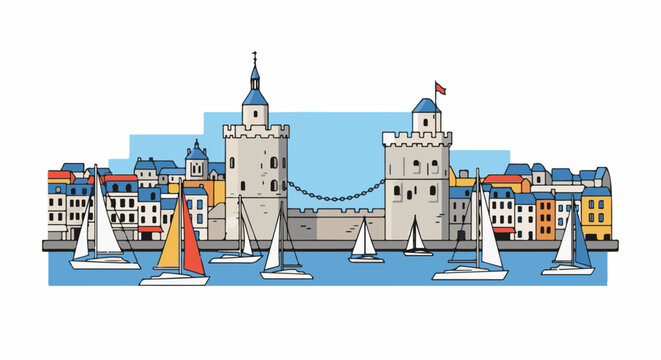 Colorful boats sail past a historic city with grand stone towers