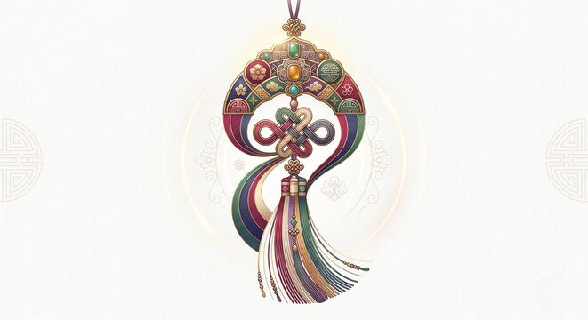 Elegant Traditional Korean Norigae Pendant with Flowing Tassels
Ornate Hanbok Accessory Featuring Intricate Knotwork and Gems