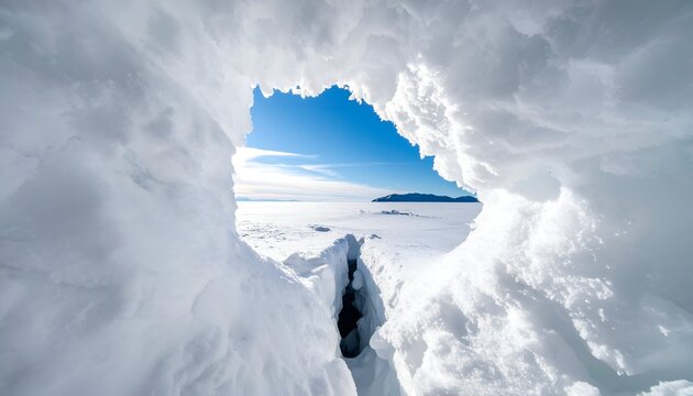 Ice cave view to horizon, snow crack, blue sky above a flat landscape