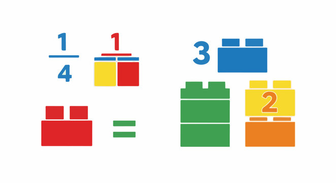 Colorful building blocks illustrate simple math equations and fractions