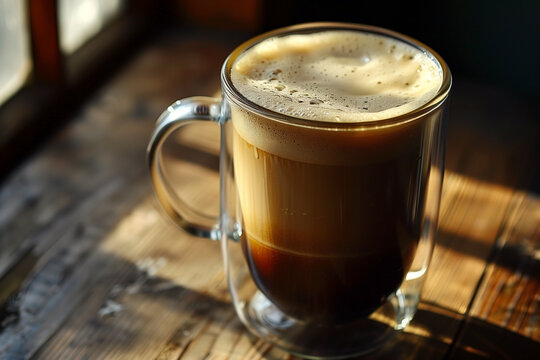 tripple coffee in a clear glass mug