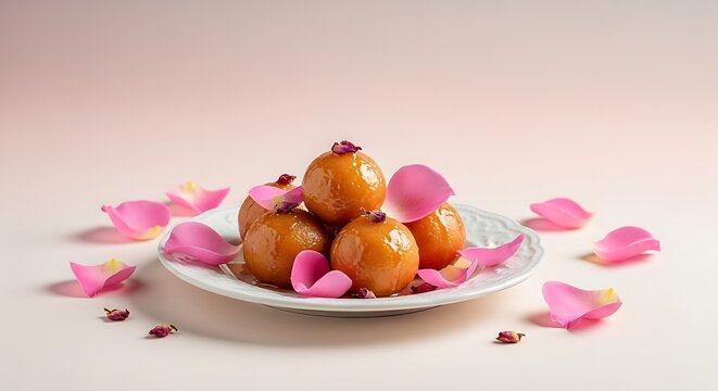 Gulab Jamun dessert with rose petals on a plate. lokma