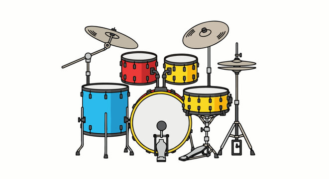 Colorful drum set with cymbals and pedals for rhythmic percussion