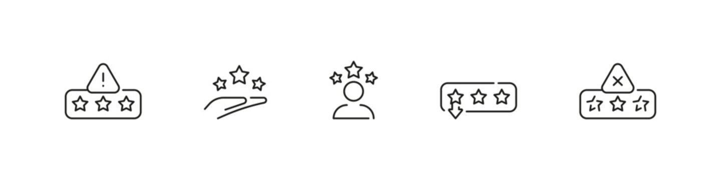 Review feedback stars vector outline icon set. Rating, evaluation, and quality check collection.