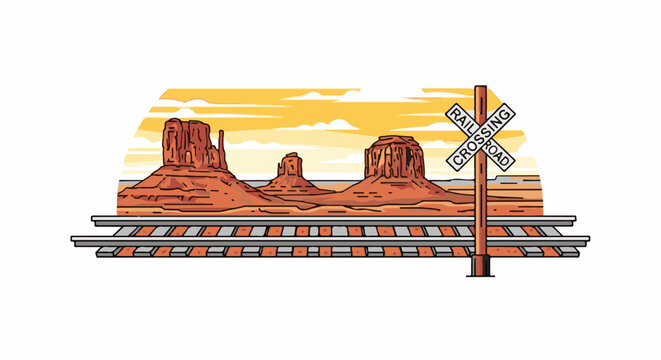 Desert landscape with train tracks and mesa formations under a cloudy sky
