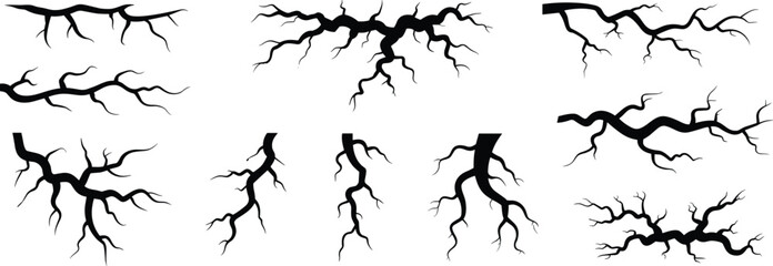 Abstract cracked branch silhouettes, lightning vein shapes, fractal tree roots design, isolated black crack texture elements, natural split line illustration set © Mst