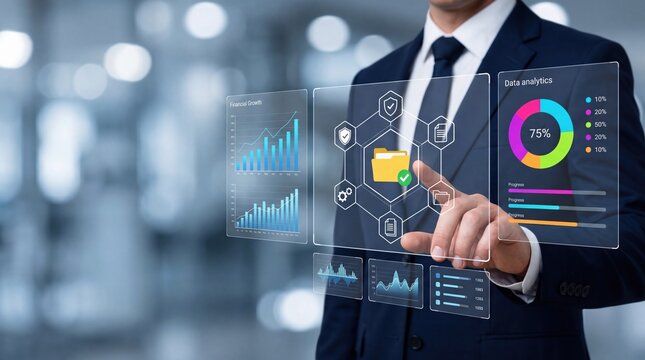 Businessman interacting with futuristic holographic interface displaying data analytics charts graphs and folder icons representing digital transformation cloud computing