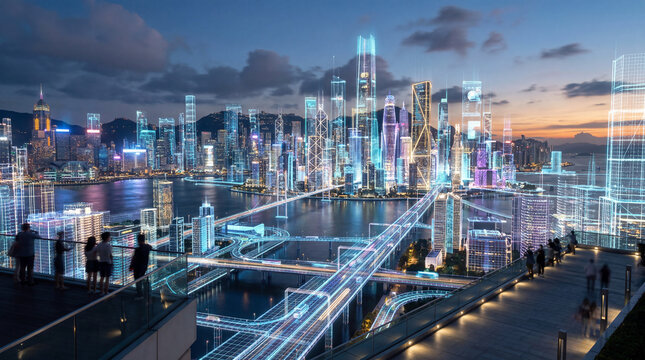 Futuristic Digital Twin City Built from Light Grids Holographic Towers and Smart Urban Technology Vision
