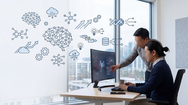 Colleagues analyzing complex data on computer monitor with AI neural network graphics, machine learning concept, big data visualization, teamwork collaboration, tech innovation in