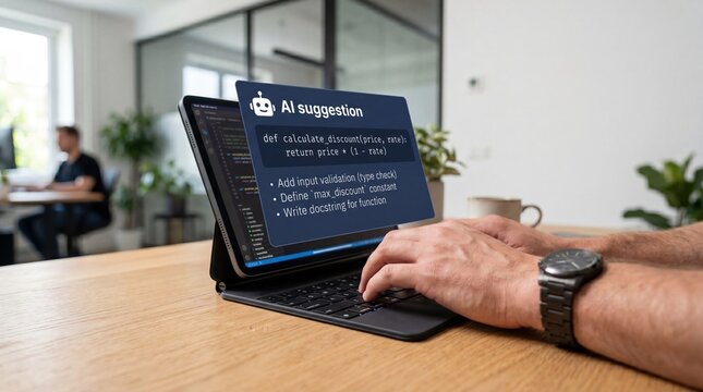 Programmer typing code on tablet with AI suggestion popup, artificial intelligence coding assistant, software development workflow, debugging help, tech innovation, digital