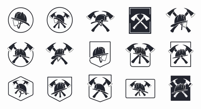 Collection of silhouette icons featuring firefighter helmets crossed with axes