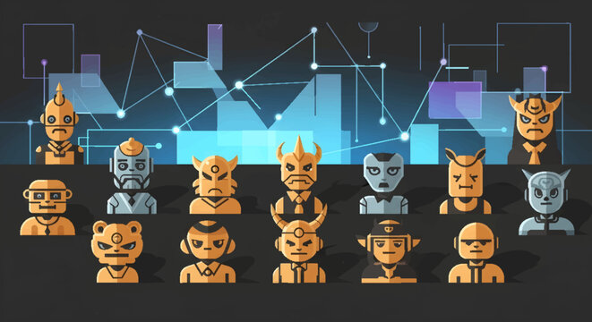 Collection of diverse pixel art characters with unique designs, set against a futuristic digital background with geometric patterns and lines.