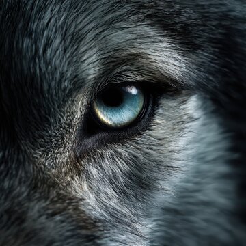Close-up macro photography of a wolf's eye showcasing icy blue iris and detailed fur texture against a clean dark background with soft natural lighting