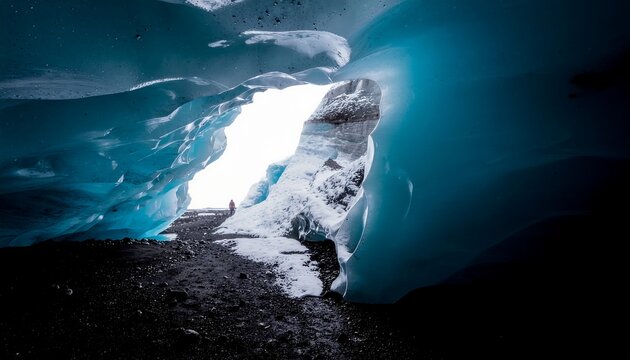 Icelandic glacial ice cave interior with translucent blue walls and a distant figure high quality