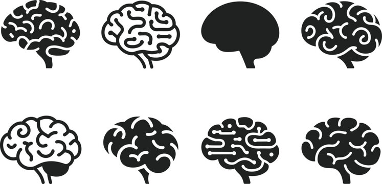 Black brain icons set, neuroscience symbols, cognitive illustration pack, mental health graphics, artificial intelligence concept, creative mind silhouettes, vector design collection